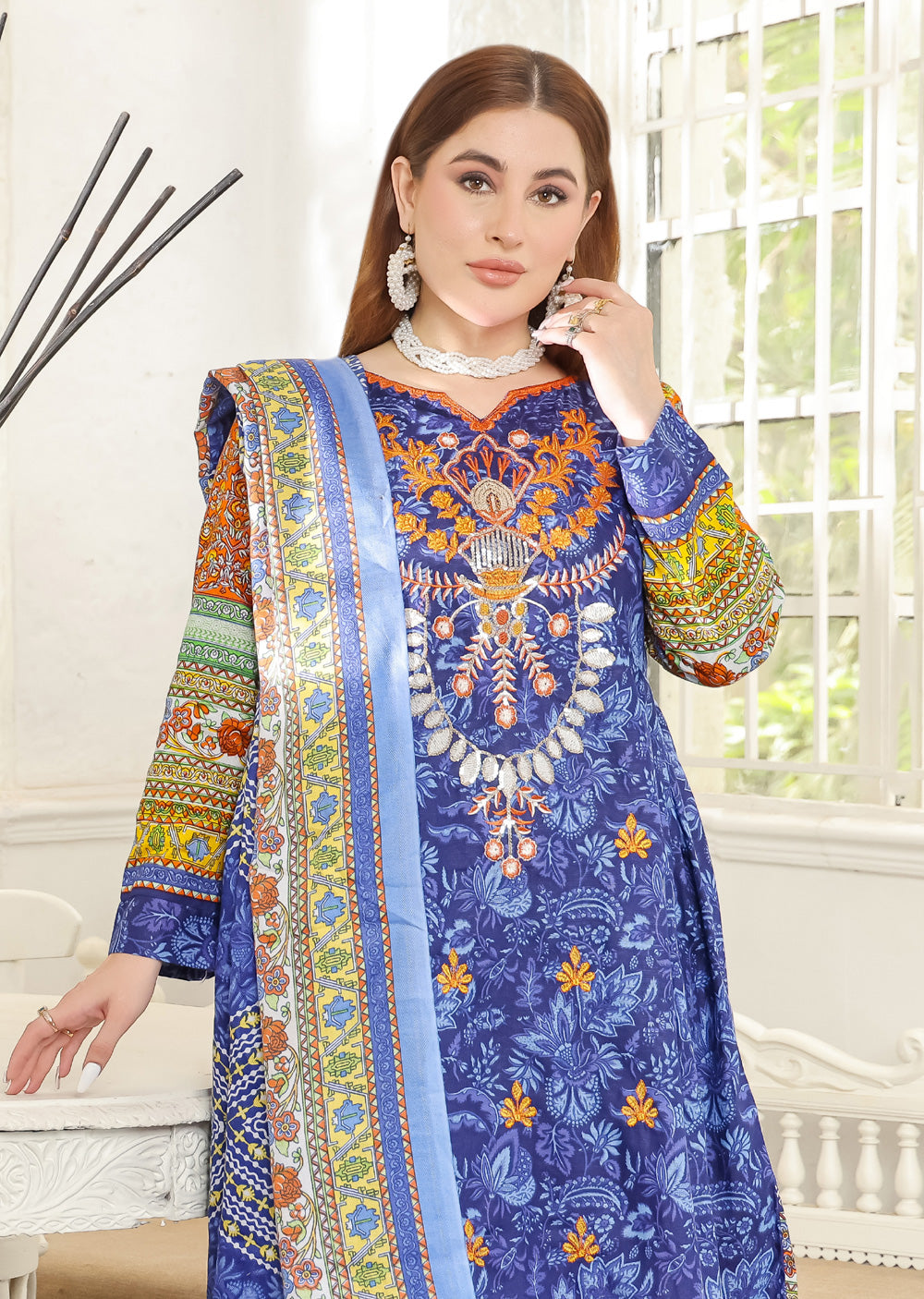 AMT5130- Blue Readymade Khaddar Shawl Suit - Memsaab Online