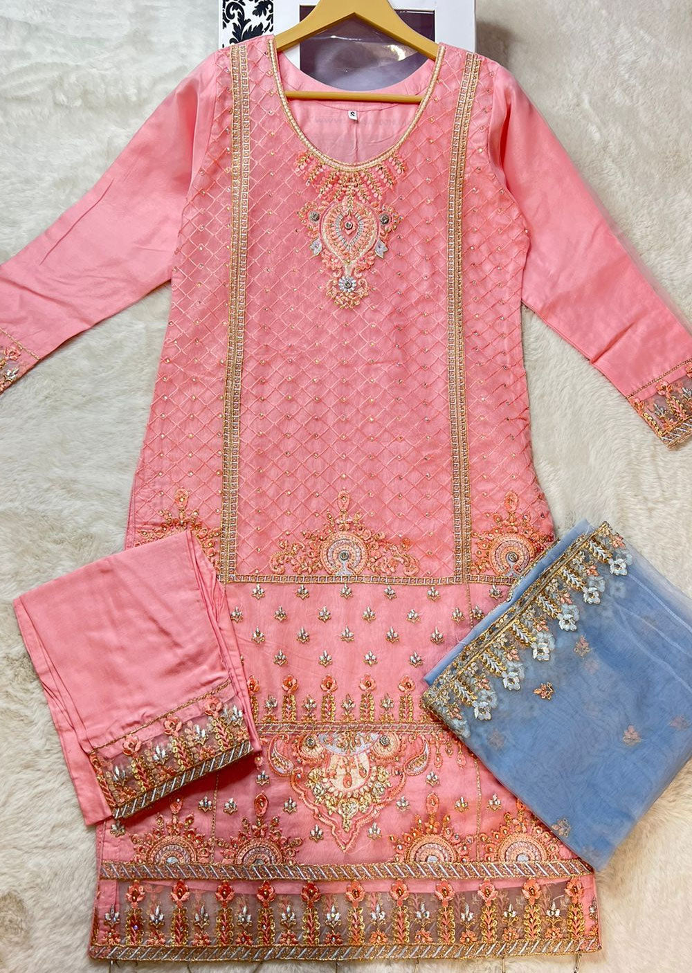 ASK629 Readymade Organza Pink Suit - Memsaab Online