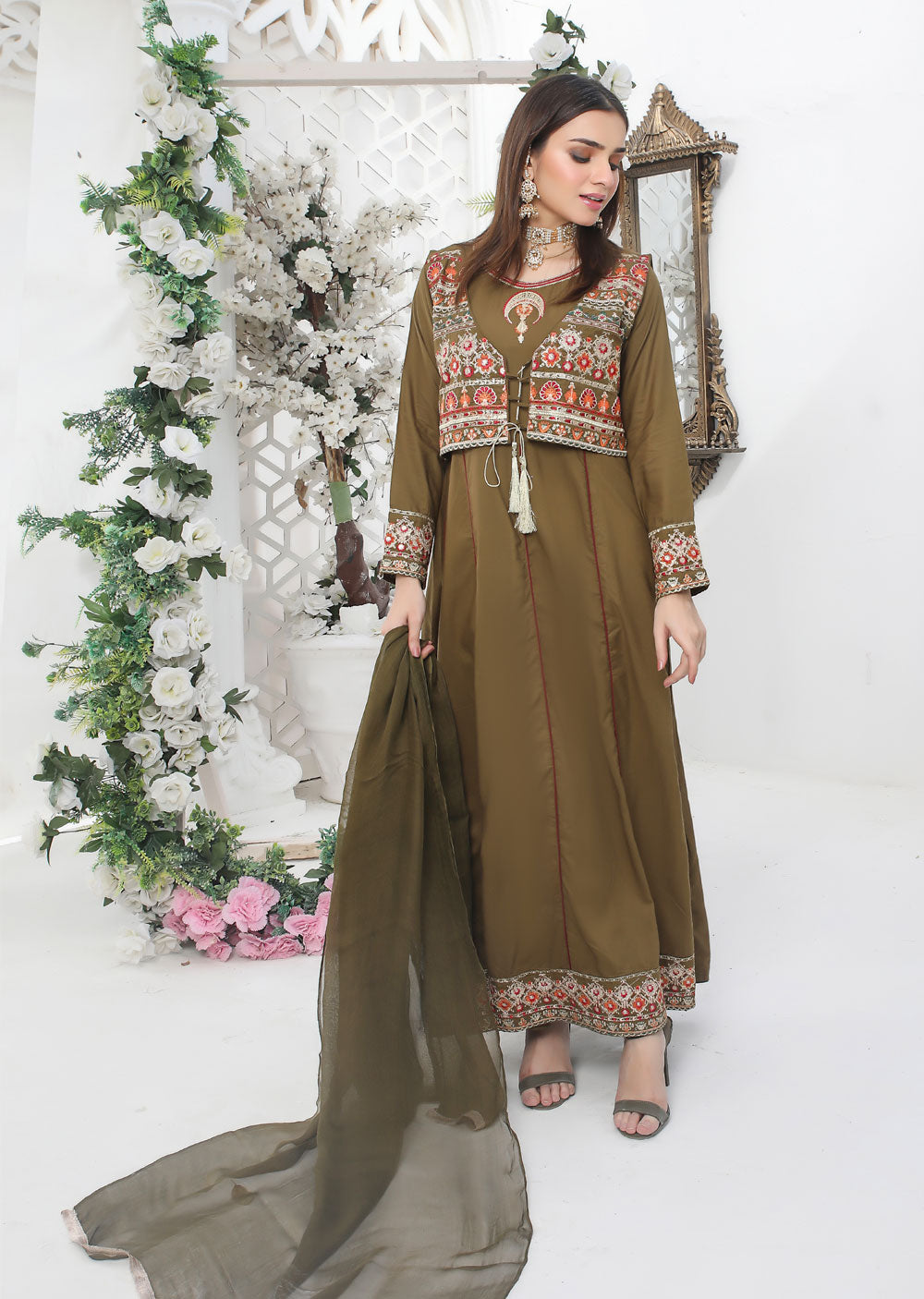 HK201 Areej Readymade Olive Linen Jacket Dress - Memsaab Online