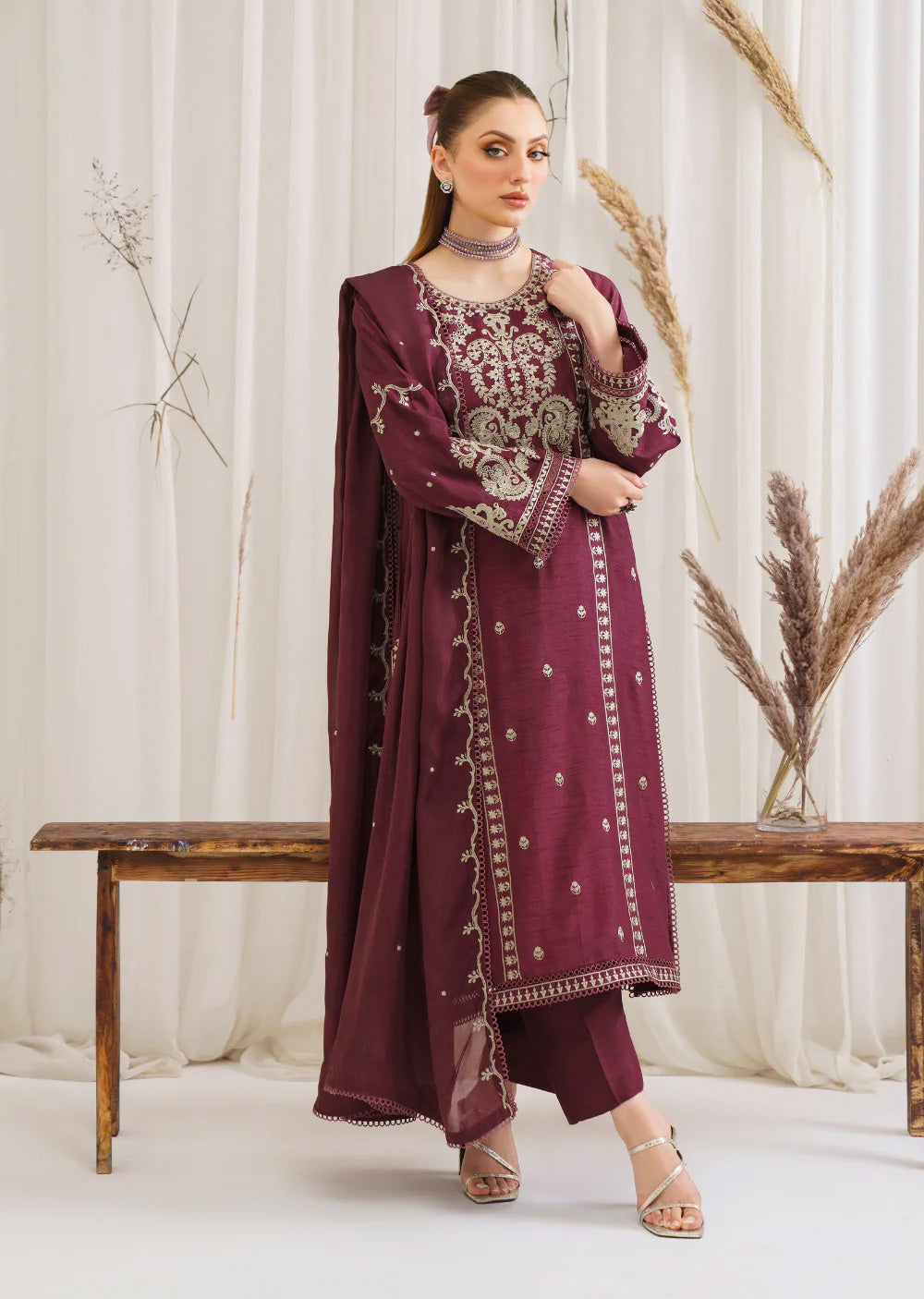 Charlene - Readymade 3 Piece Garnet Suit - Memsaab Online