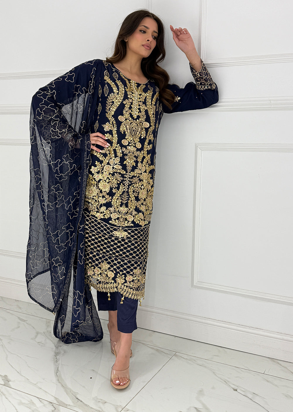 SLM611 Nazila - Readymade Navy Chiffon Outfit - Memsaab Online