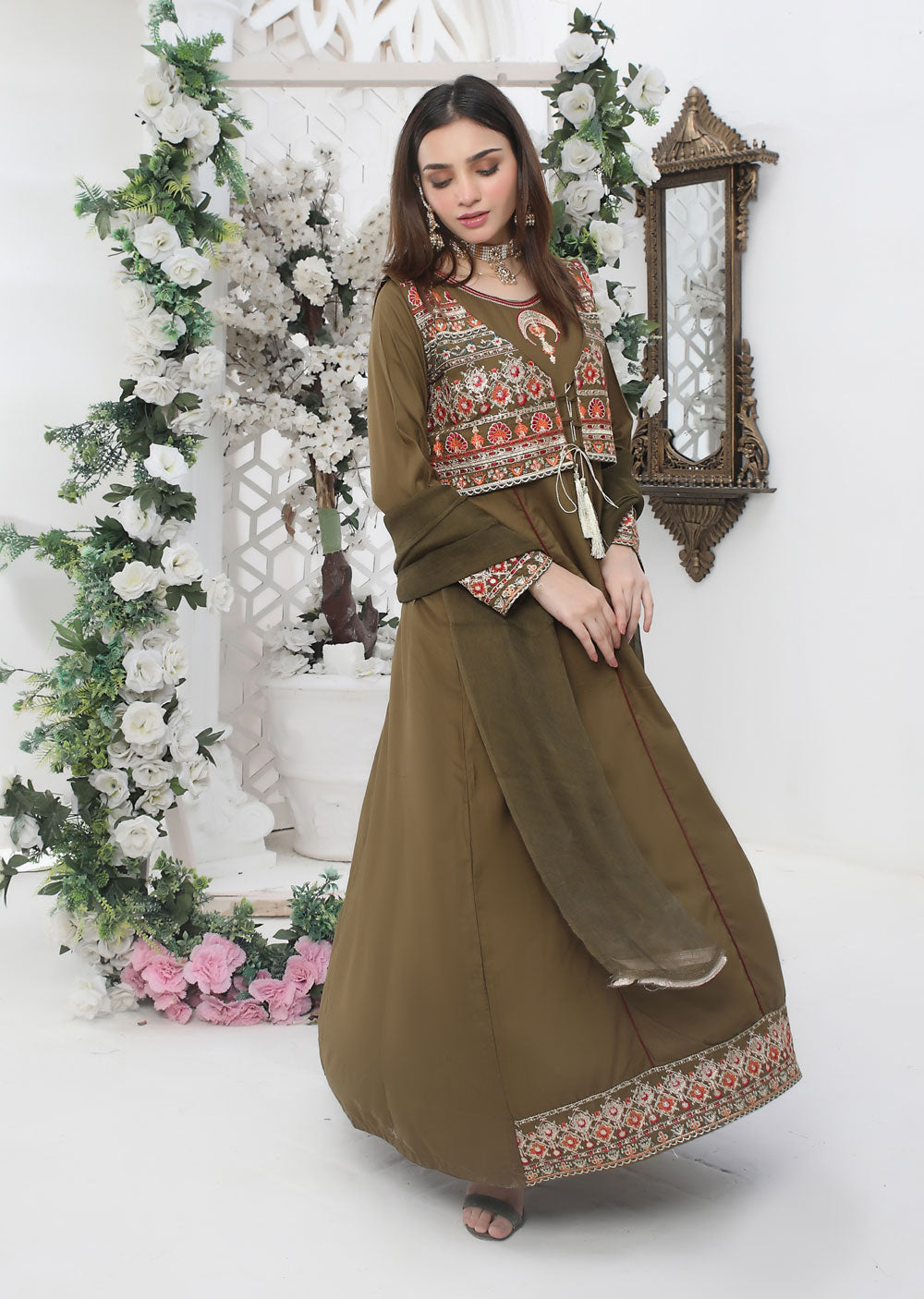 HK201 Areej Readymade Olive Linen Jacket Dress - Memsaab Online