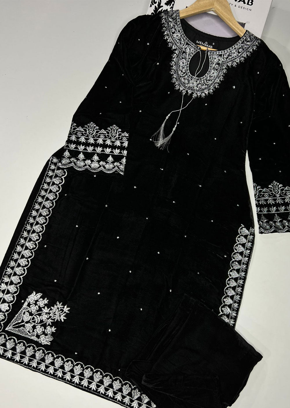 HK235 Irya Black Readymade 2 Piece Velvet Suit - Memsaab Online