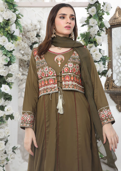 HK201 Areej Readymade Olive Linen Jacket Dress - Memsaab Online