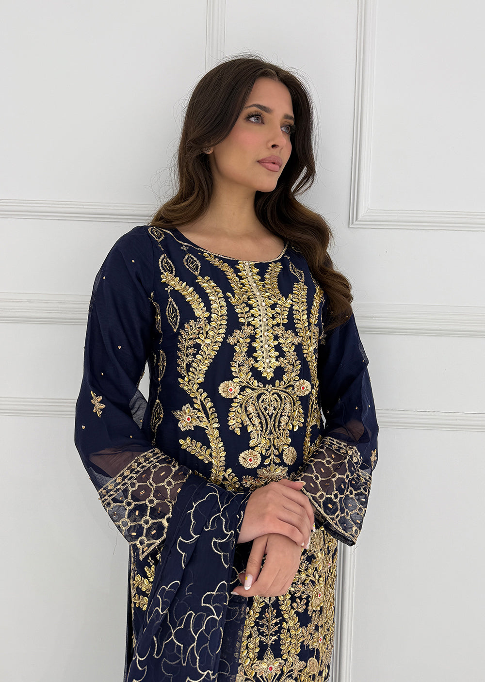 SLM611 Nazila - Readymade Navy Chiffon Outfit - Memsaab Online