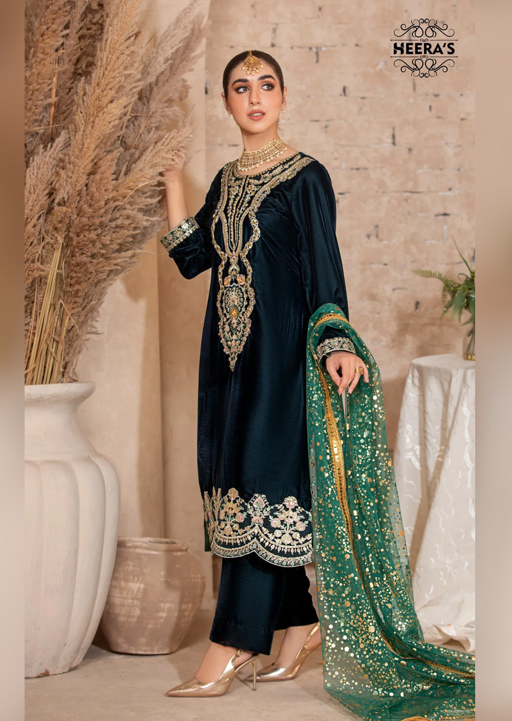 HSS-189- Readymade - Royal Velvet Crown Embroidered suit by Heeras - Memsaab Online