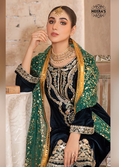 HSS-189- Readymade - Royal Velvet Crown Embroidered suit by Heeras - Memsaab Online