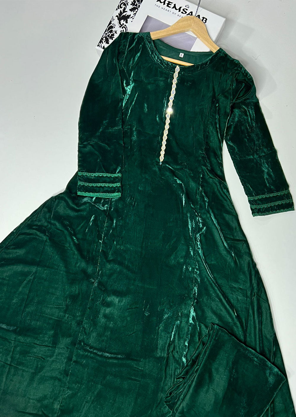 HK229 Vivar - Green Readymade 2 Piece Velvet Maxi - Memsaab Online