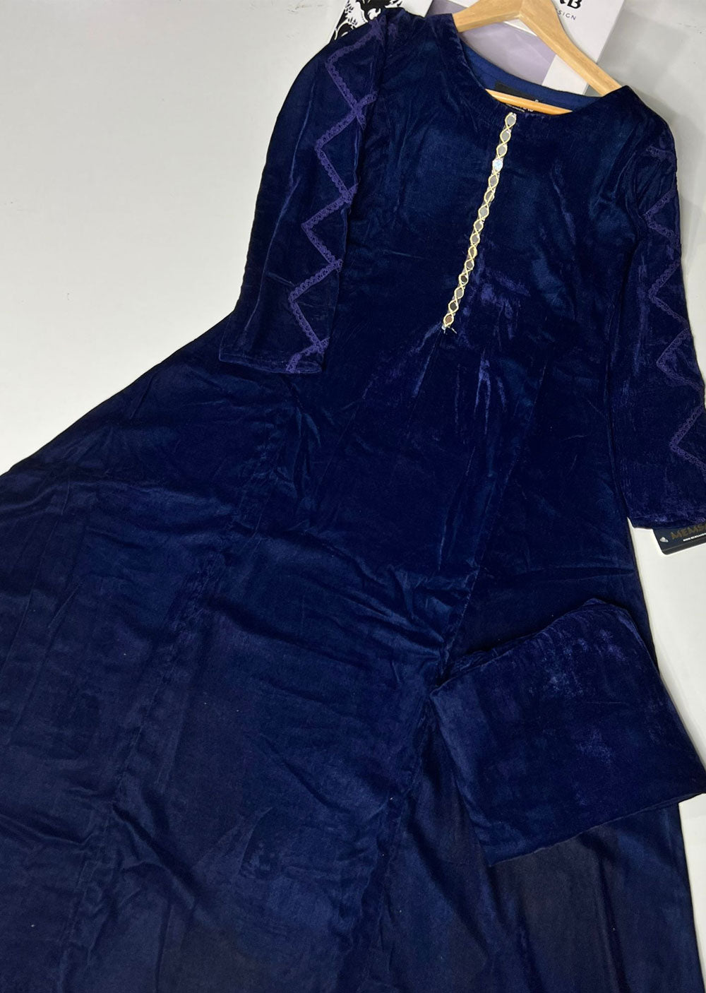 HK229 Vivar - Navy Readymade 2 Piece Velvet Maxi - Memsaab Online