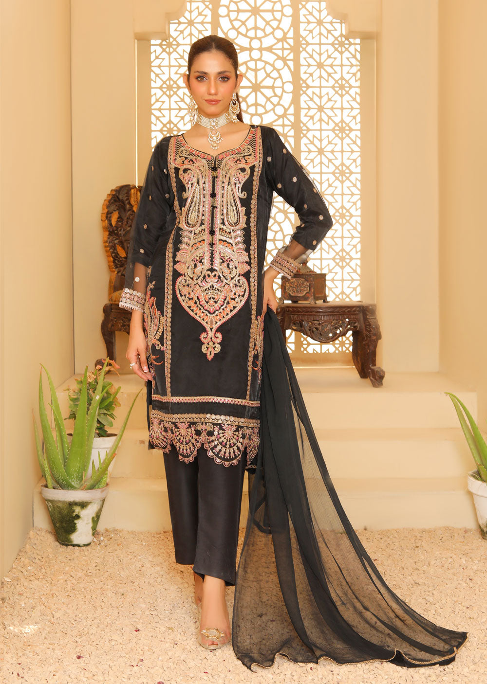 KLD327 Seba - Black Readymade Organza suit - Memsaab Online