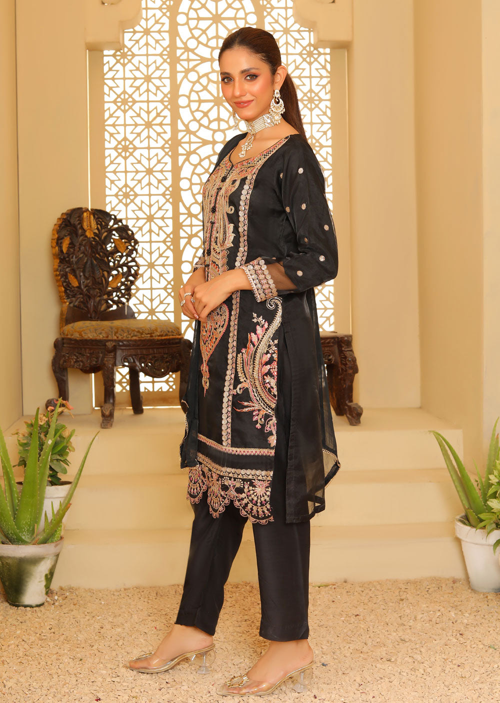 KLD327 Seba - Black Readymade Organza suit - Memsaab Online