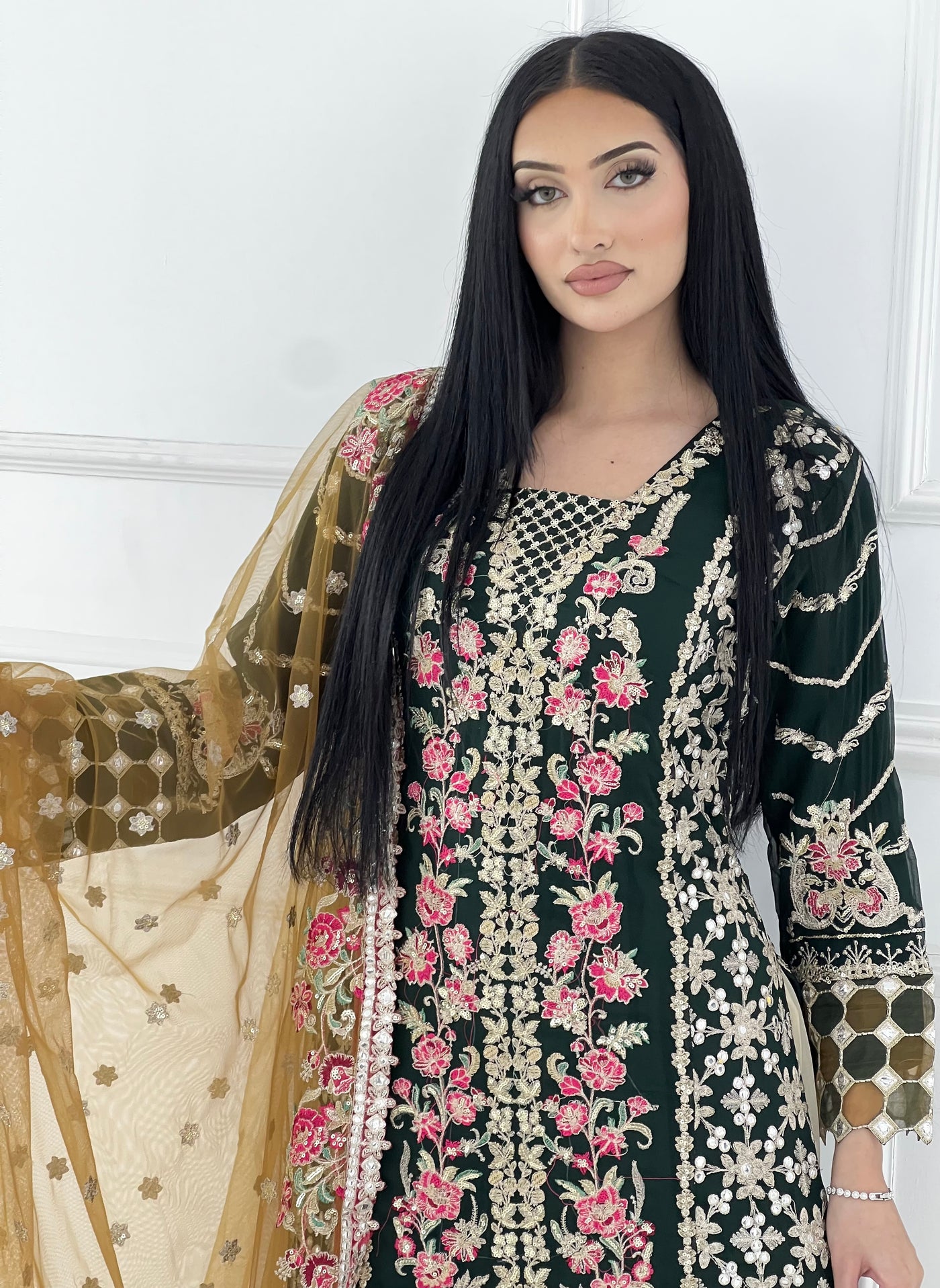 ZN1951 Dark Green Readymade Chiffon Suit - Memsaab Online