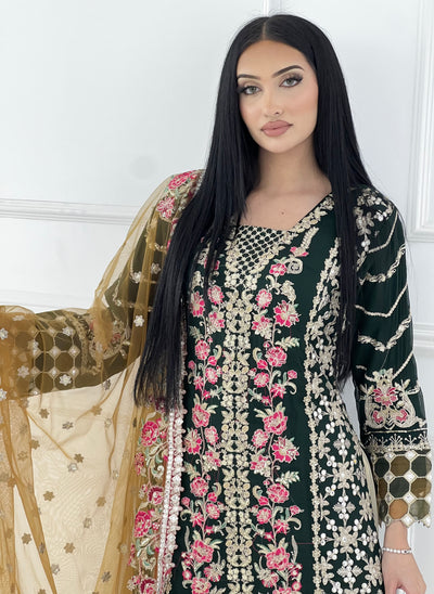 ZN1951 Dark Green Readymade Chiffon Suit - Memsaab Online