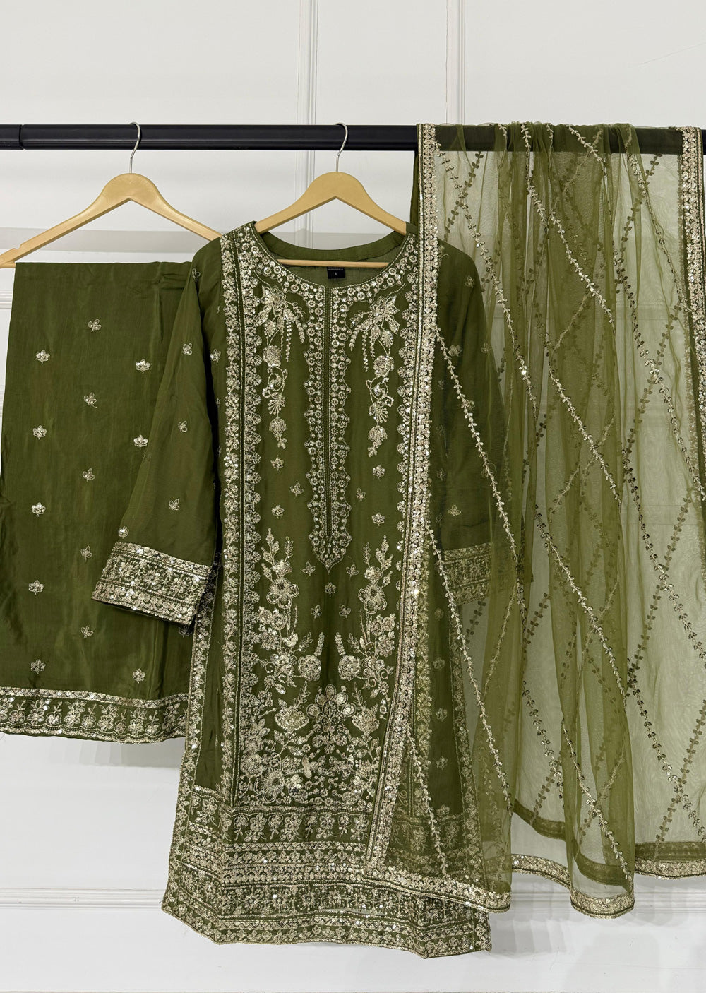 PS-1134 - Mehndi Green - Readymade Chiffon Suit 2025 - Memsaab Online