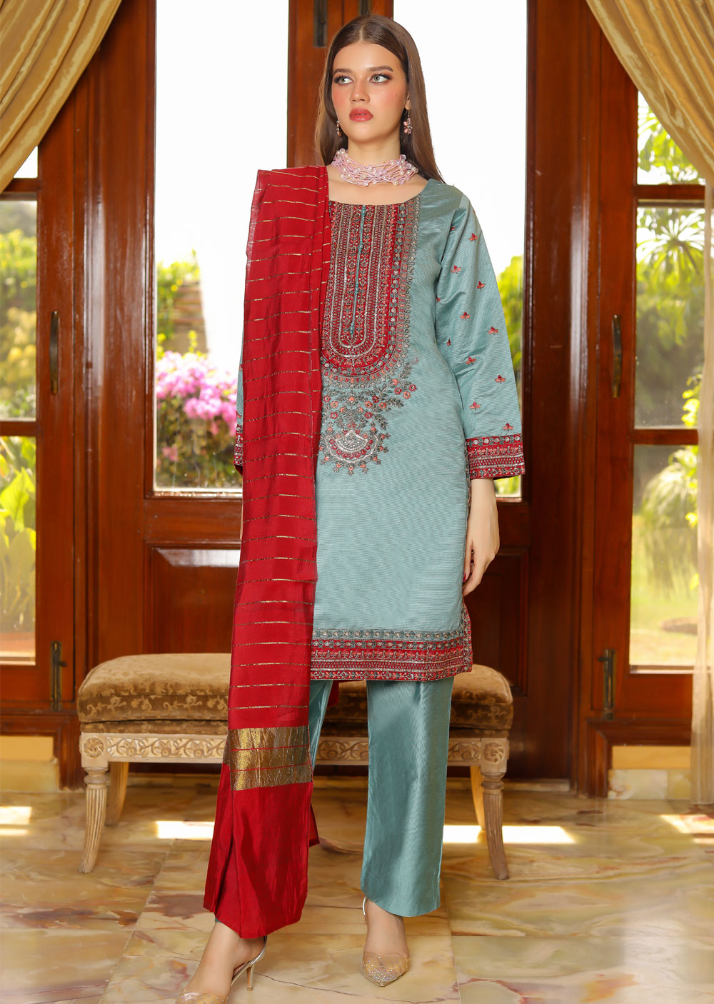 KLD310 Aaria - Blue Readymade Khadi Net Suit - Memsaab Online