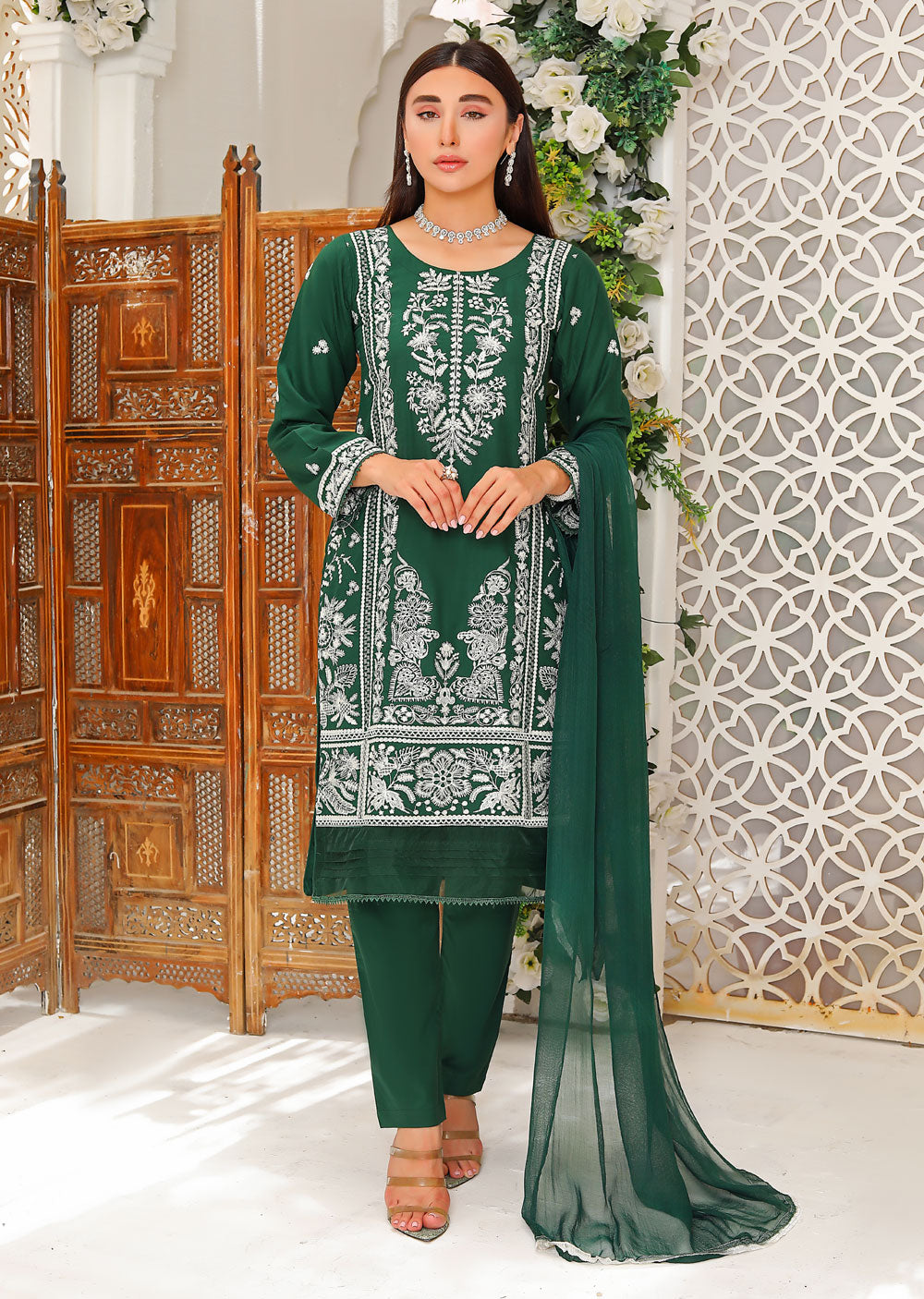 HK208 Irha Readymade Dark Green Linen Suit - Memsaab Online