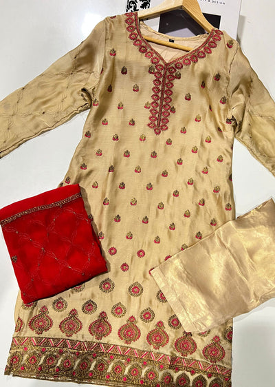 HSS-70 Gold/Red Readymade Cotton Suit - Memsaab Online