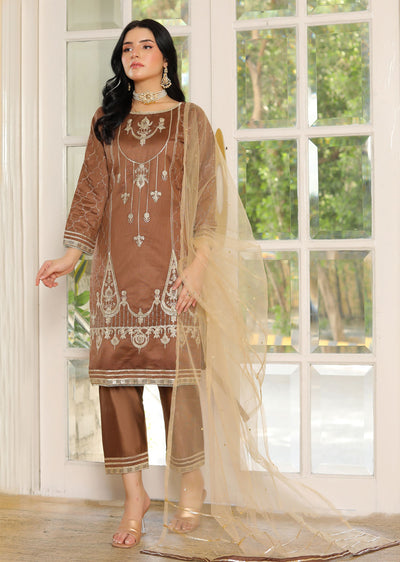 KLD311 Arqa - Brown Readymade Khadi Net Suit - Memsaab Online