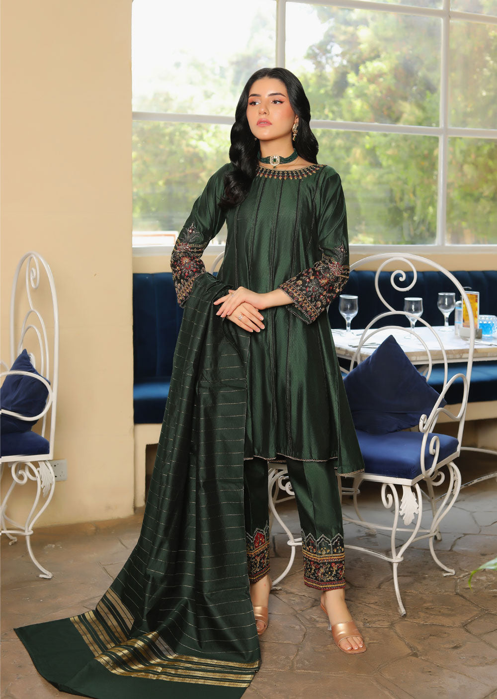 KLD306 Liyana - Green Readymade Khadi Net Suit - Memsaab Online