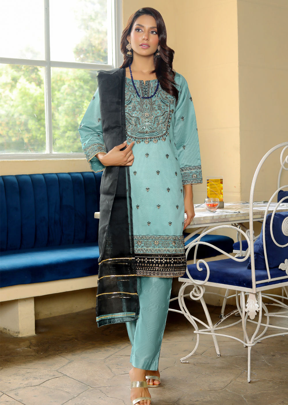 KLD312 Bahar - Cyan Readymade Khadi Net Suit - Memsaab Online