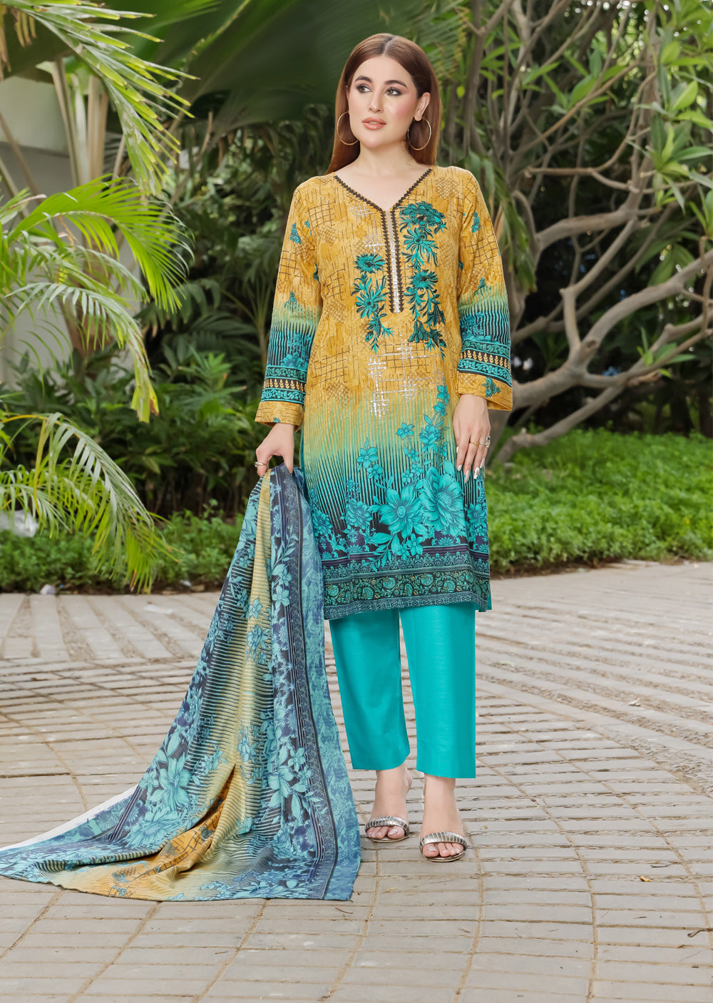 AMT5129- Gold Readymade Khaddar Shawl Suit - Memsaab Online