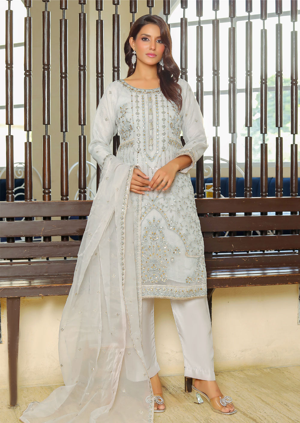 KLD319 JANA - Grey Readymade Organza Suit - Memsaab Online