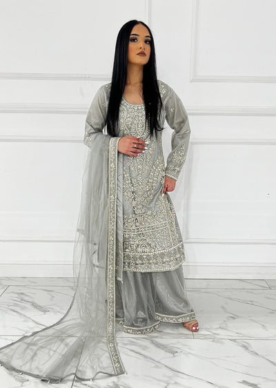 RH2111 Aaina - Grey Fancy Net Outfit - Memsaab Online