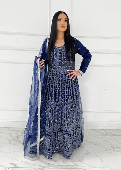 RH2109 Mayal - Navy Fancy Net Maxi Dress - Memsaab Online