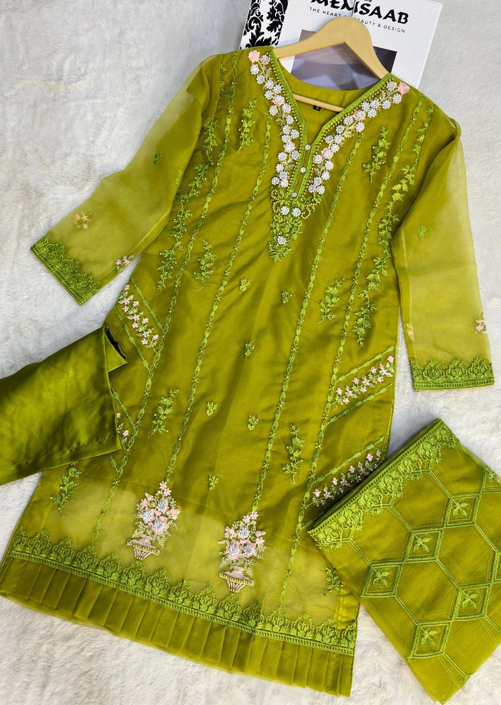 UMR802 - Mendhi Green Organza Suit - Memsaab Online