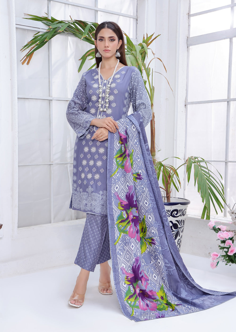 AMT5102 - Grey Readymade LInen Shawl Suit - Memsaab Online