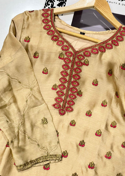 HSS-70 Gold/Red Readymade Cotton Suit - Memsaab Online