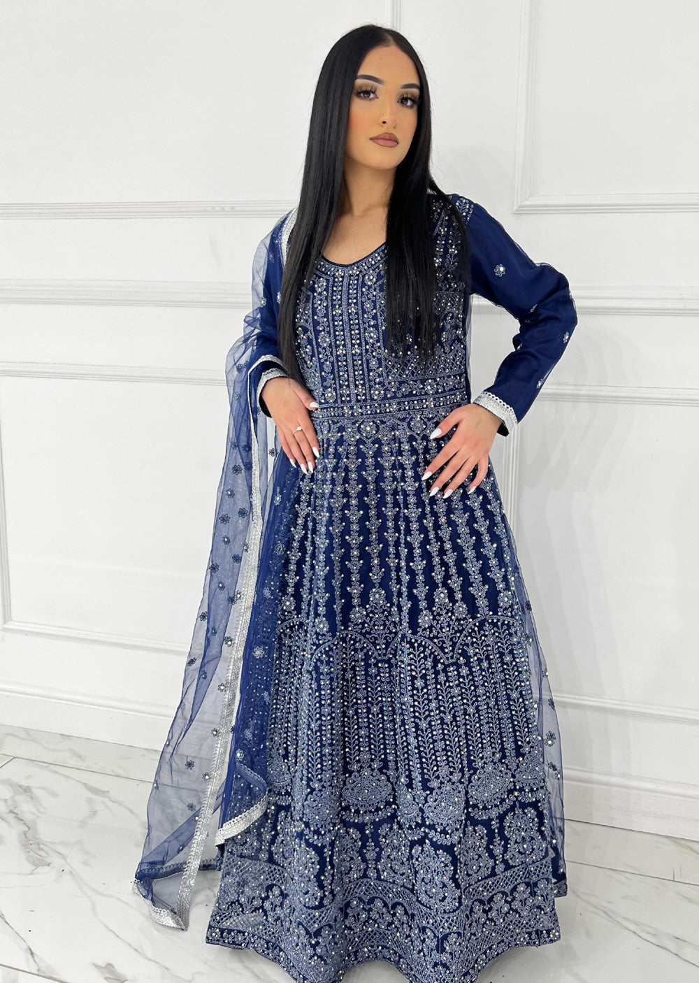 RH2109 Mayal - Navy Fancy Net Maxi Dress - Memsaab Online