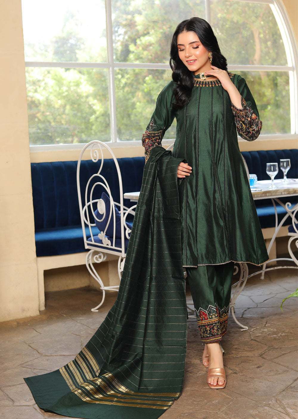 KLD306 Liyana - Green Readymade Khadi Net Suit - Memsaab Online