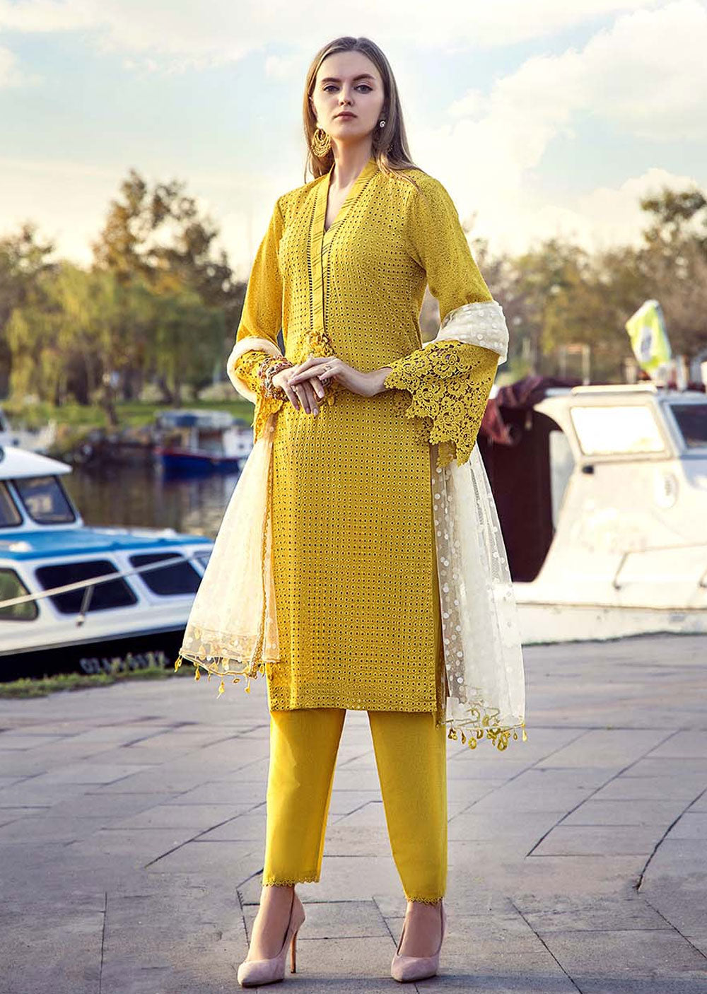 F-131- Yellow - Readymade - Basics by Khuda Baksh Creations 2024 - Memsaab Online