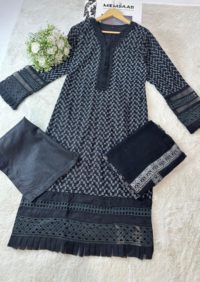 ANI102 Black readymade Chickenkari Suit - Memsaab Online