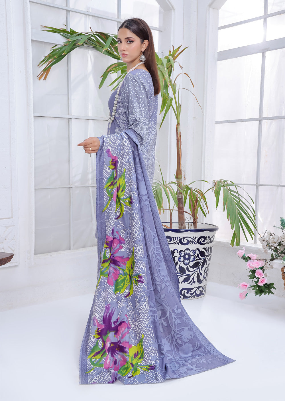 AMT5102 - Grey Readymade LInen Shawl Suit - Memsaab Online