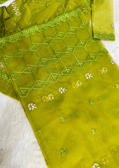 UMR802 - Mendhi Green Organza Suit - Memsaab Online