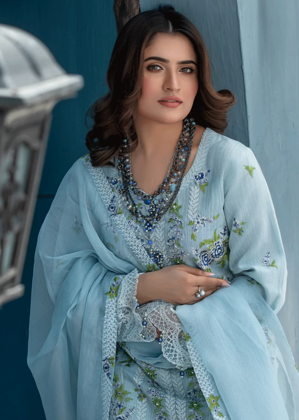 HSS-198 - Readymade - Luxury Sky Aroob Embroidered Suit - Memsaab Online