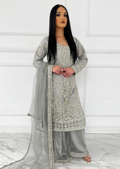 RH2111 Aaina - Grey Fancy Net Outfit - Memsaab Online