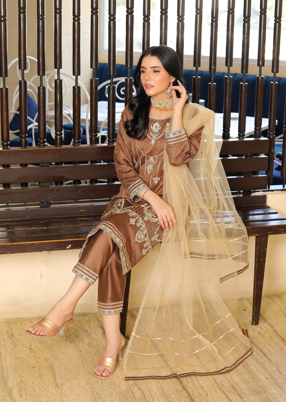 KLD311 Arqa - Brown Readymade Khadi Net Suit - Memsaab Online