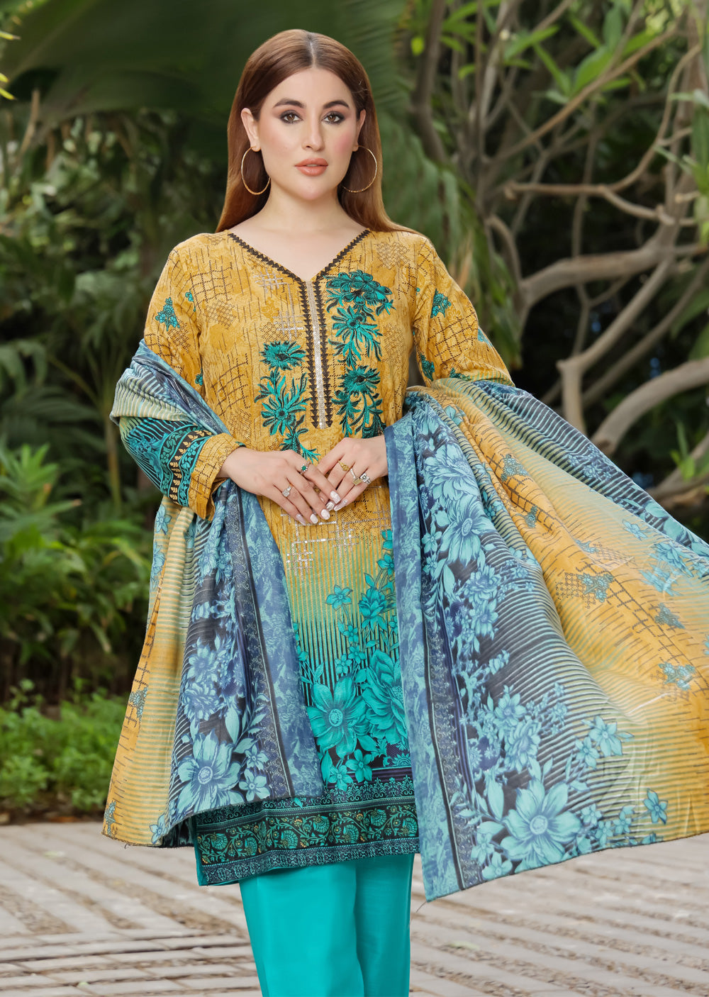 AMT5129- Gold Readymade Khaddar Shawl Suit - Memsaab Online