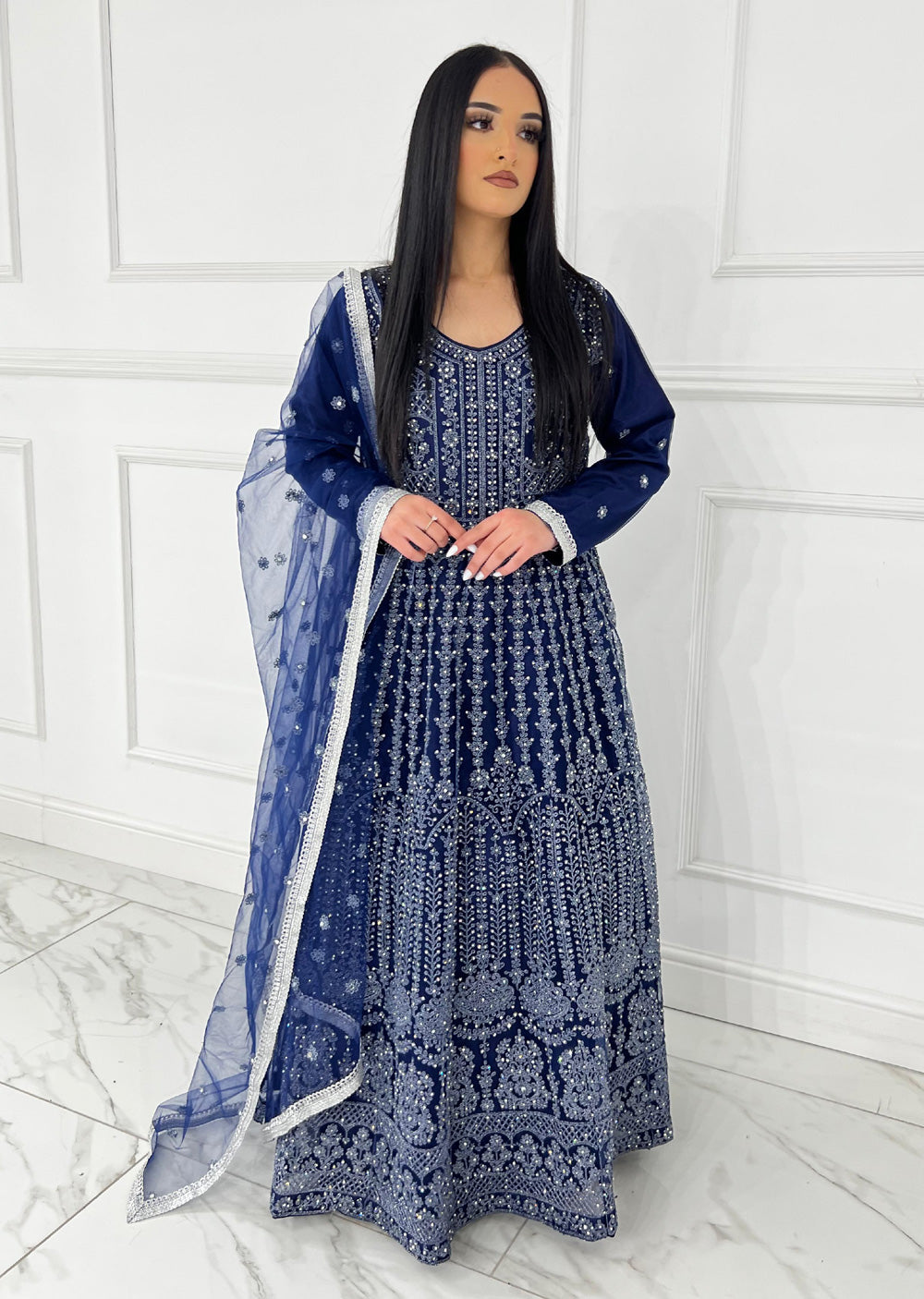 RH2109 Mayal - Navy Fancy Net Maxi Dress - Memsaab Online