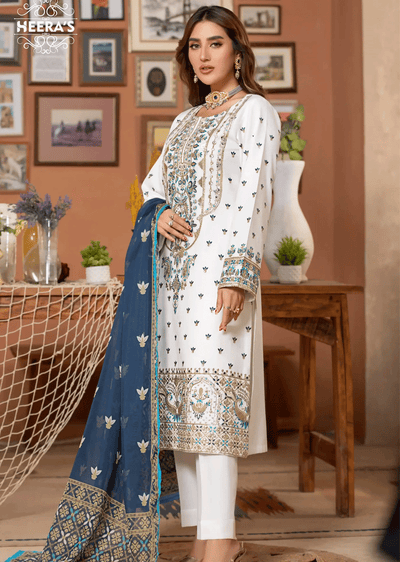 HSS-161 - Readymade - Majestic White Dhanak Suit by Heeras - Memsaab Online