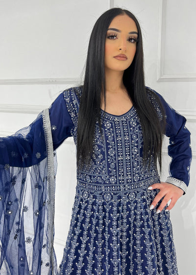 RH2109 Mayal - Navy Fancy Net Maxi Dress - Memsaab Online