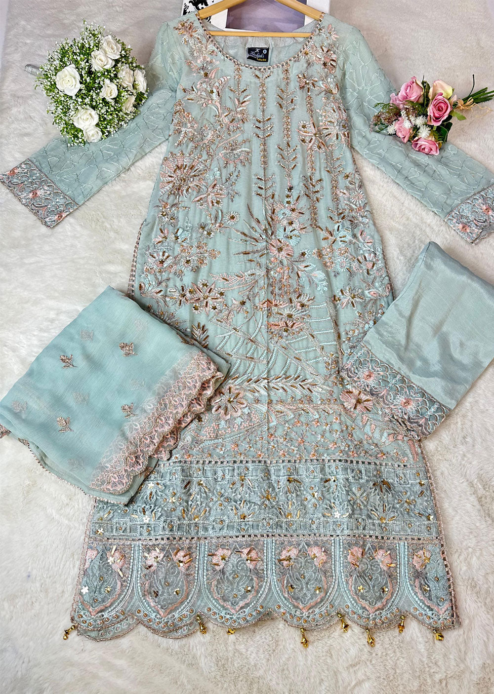 ASK602 Mint Readymade Chiffon Suit - Memsaab Online