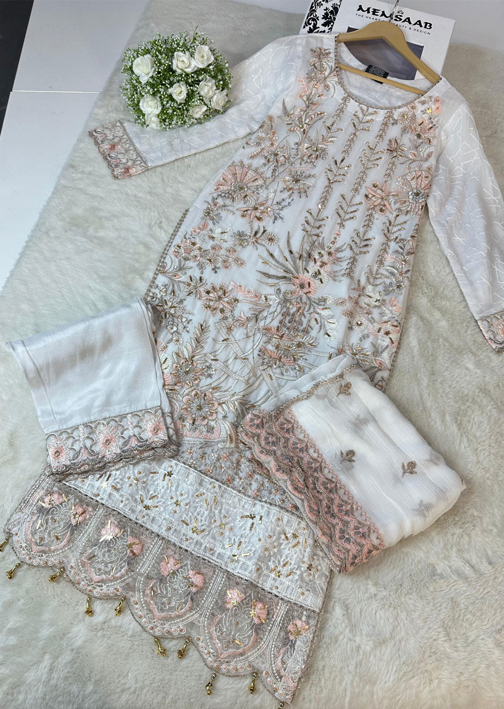 ASK602 White Readymade Chiffon Suit - Memsaab Online