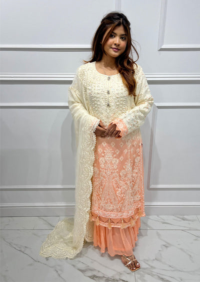 SJN3082 Rekha - White/Peach Readymade Chiffon Suit - Memsaab Online