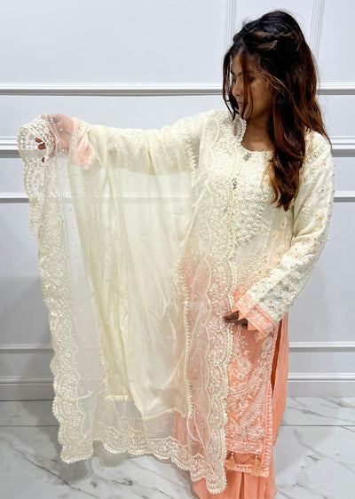 SJN3082 Rekha - White/Peach Readymade Chiffon Suit - Memsaab Online