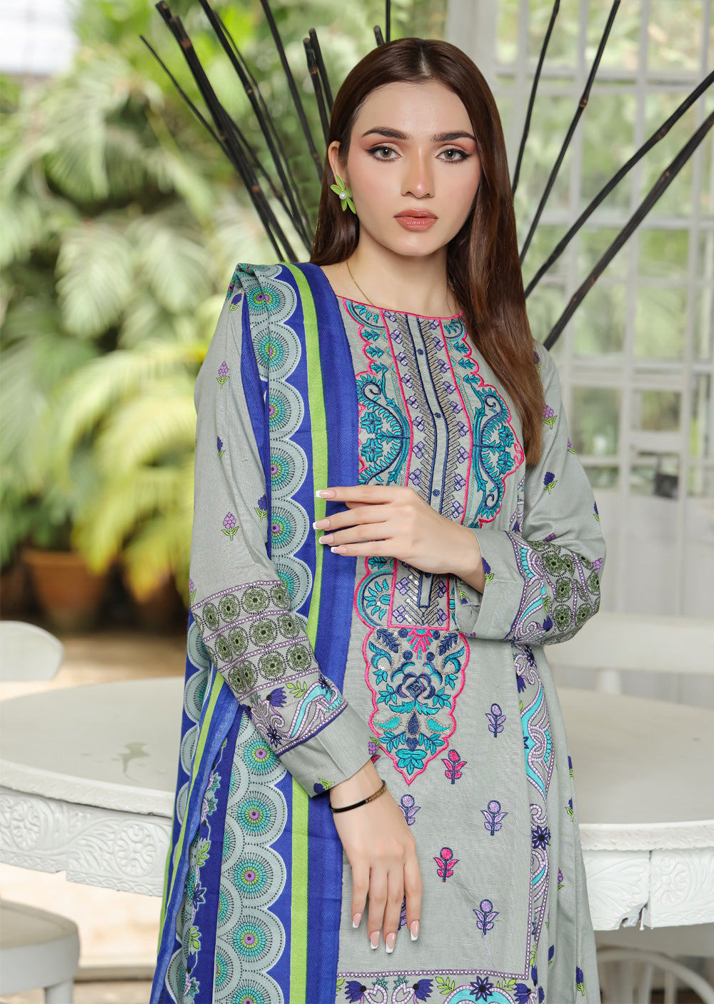 AMT5131- Grey Readymade Khaddar Shawl Suit - Memsaab Online