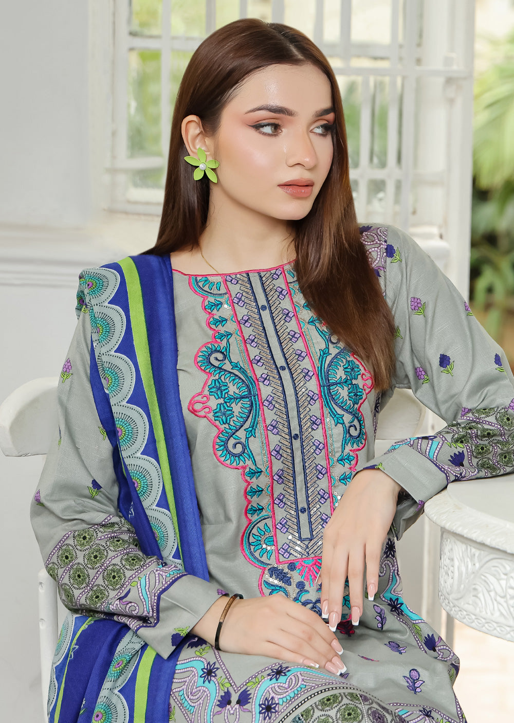 AMT5131- Grey Readymade Khaddar Shawl Suit - Memsaab Online